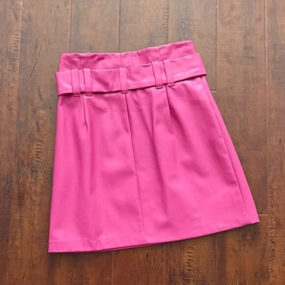 ZARA Vegan Leather Skirt - Belted, High Waisted, Fuchsia Pink - Sz Small - Picture 6 of 7
